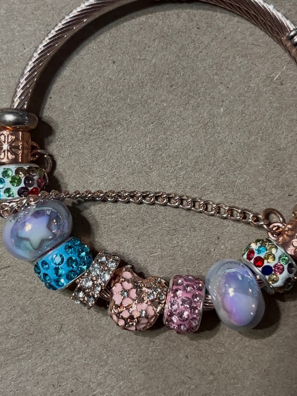 Pandora style Charm bangle with Pink, Blue and Multicolor Beads